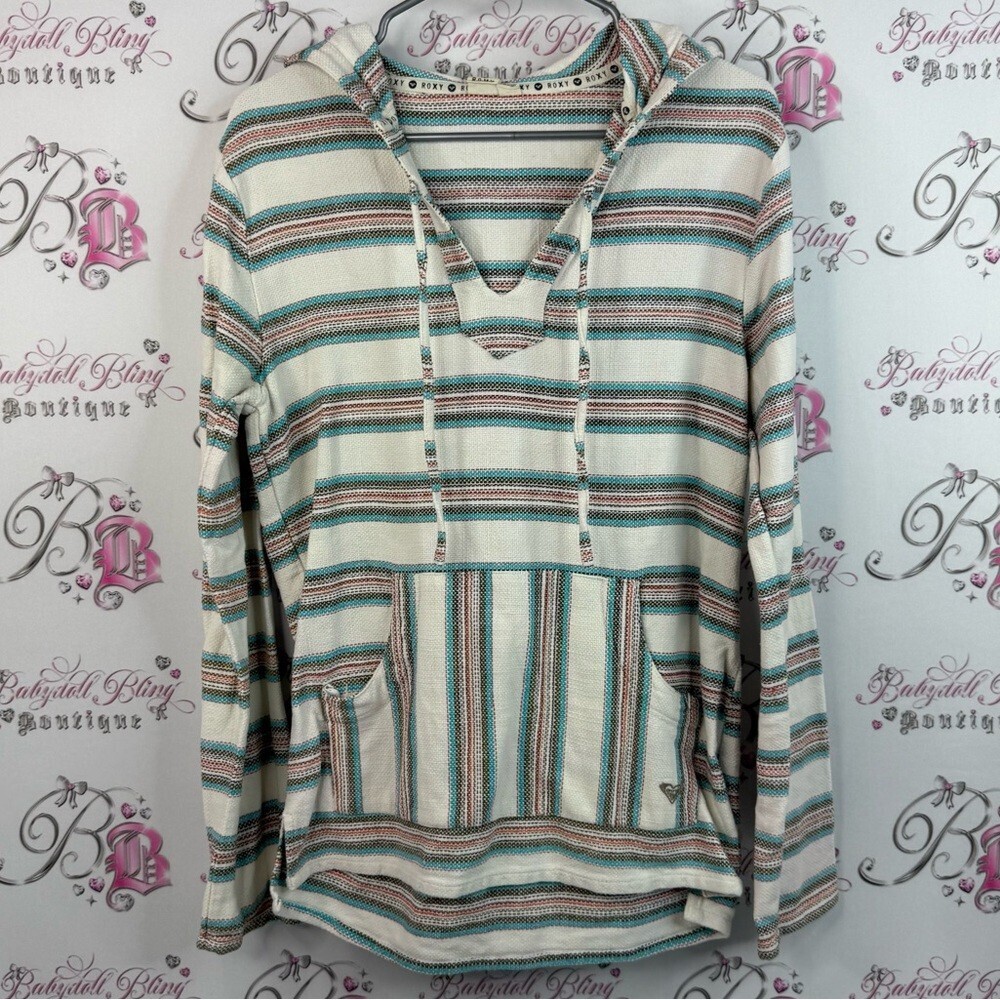 Roxy hoodie sweater pull over blue cream Striped Hoodie with Front Pocket
